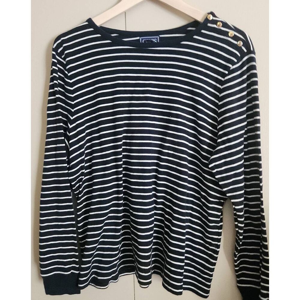 F6 Chaps Classics Stripe knit top Gold Accent Buttons Black & White Long Sleeve